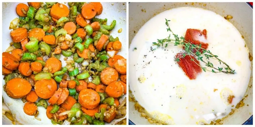 a collage photo of 2 photos with sauteed carrots in one photo and heavy cream with lobster stock in a pot in the other photo