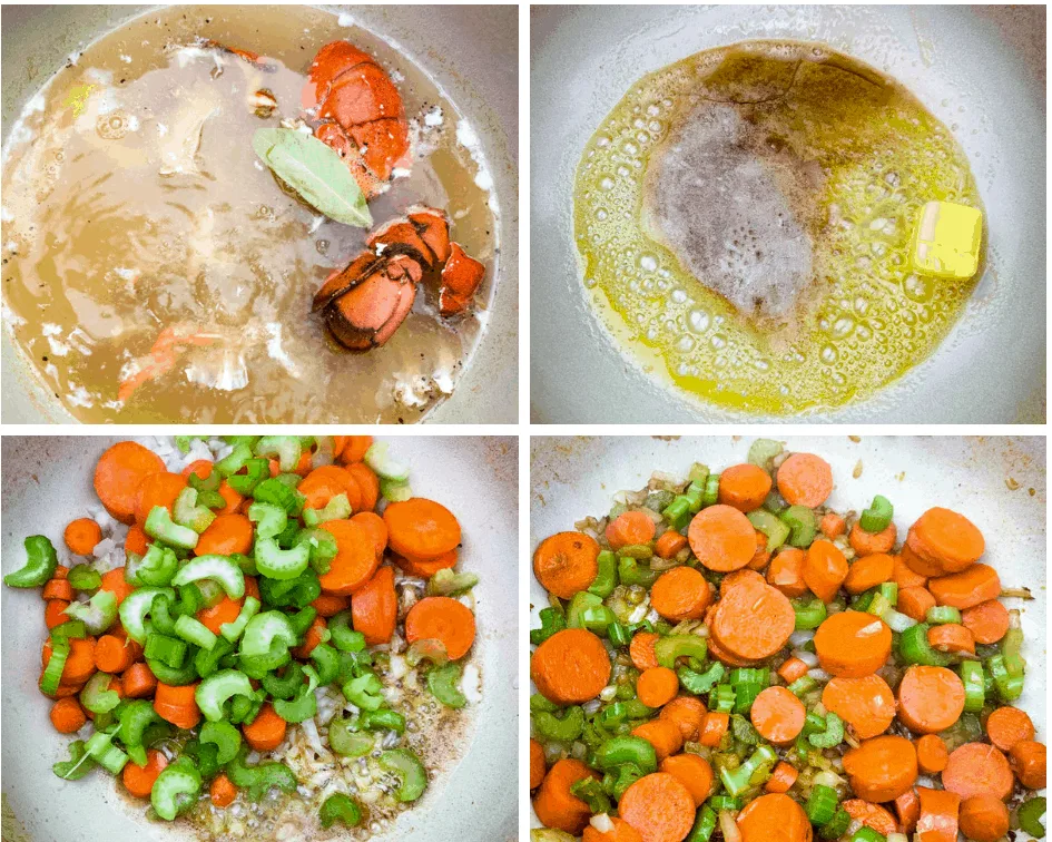 collage photo of 4 photos with lobster stock and sauteed veggies