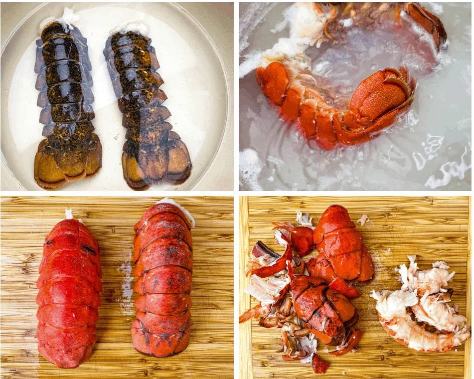 collage photo of 4 photos with boiled lobsters and shelled lobsters with lobster meat