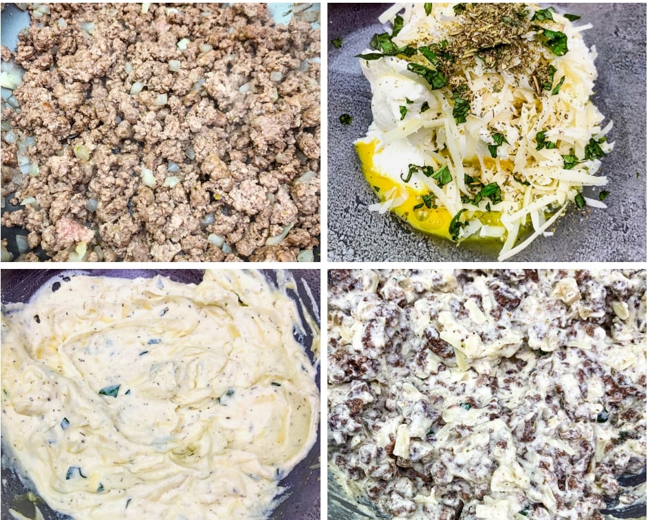 collage photo of 4 different photos of cooked ground beef in a skillet and filling for zucchini lasagna rolls