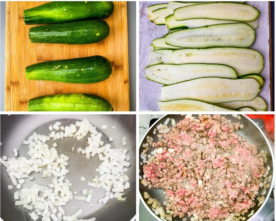 collage photos of raw zucchini, sliced zucchini, and the filling for zucchini lasagna rolls