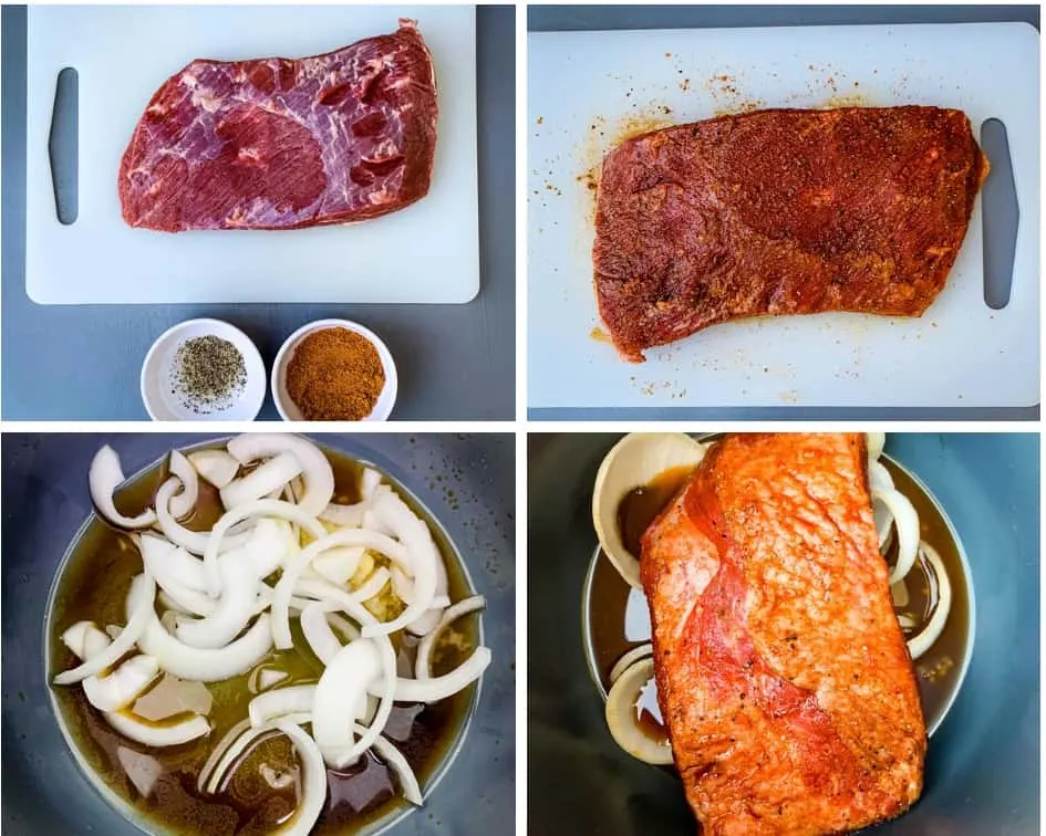collage photo of 4 photos of raw brisket in an Instant Pot