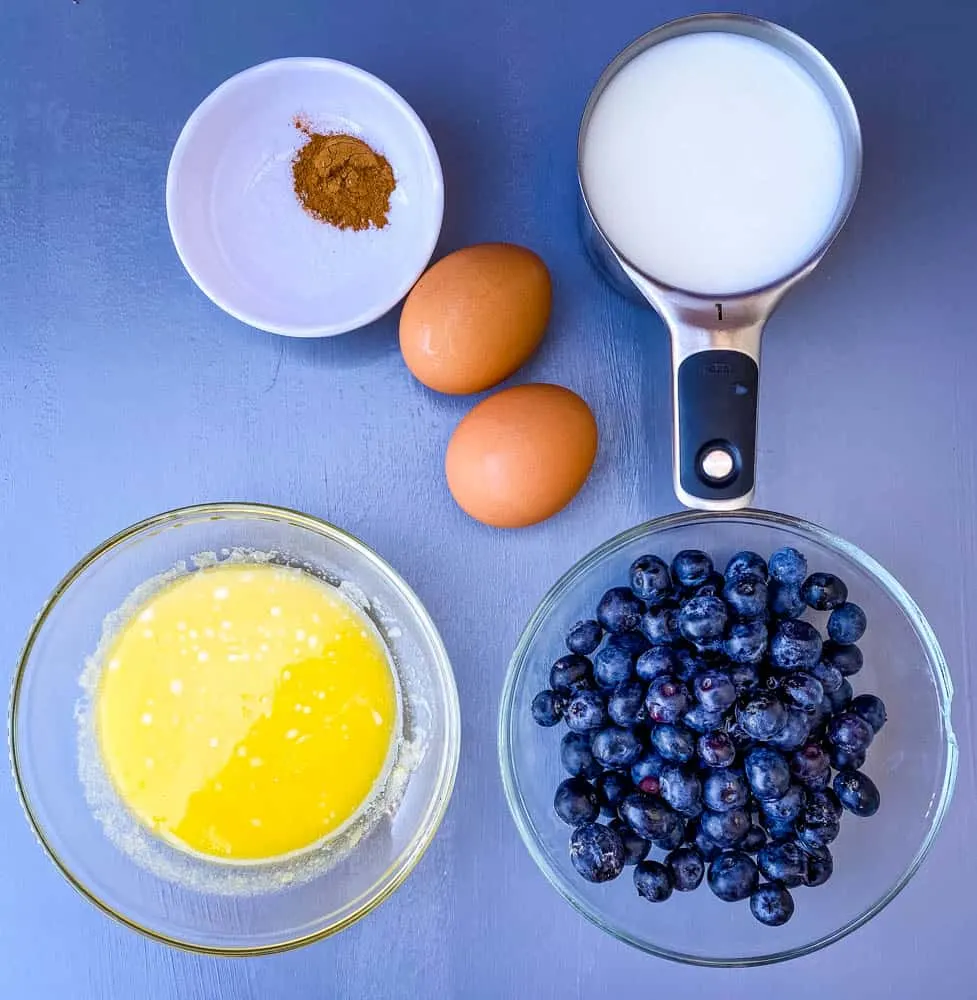 melted butter, fresh blueberries, milk and eggs for air fryer blueberry muffins