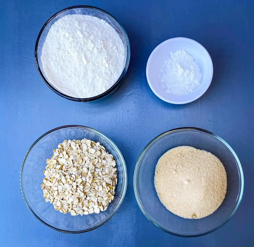 oatmeal, flour, sweetener, and baking powder for air fryer blueberry muffins