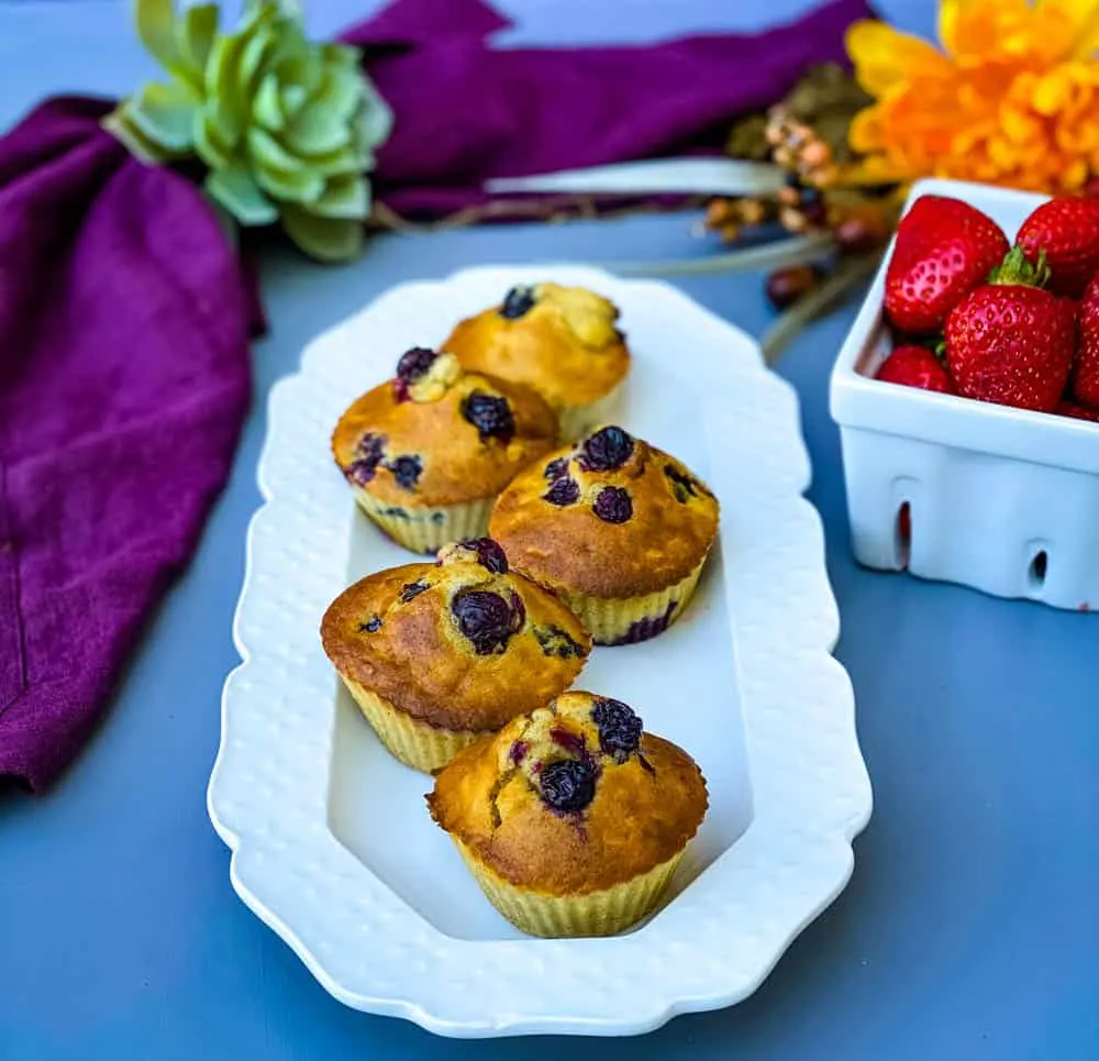 air fryer blueberry muffins on a white plate