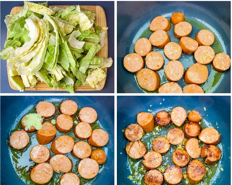 collage photo of 4 photos of cabbage sliced on a cutting board and slice sausage in an Instant Pot