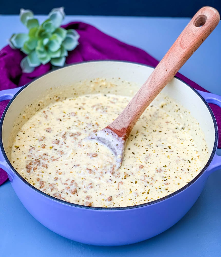 keto low carb cheeseburger soup in a purple Dutch oven