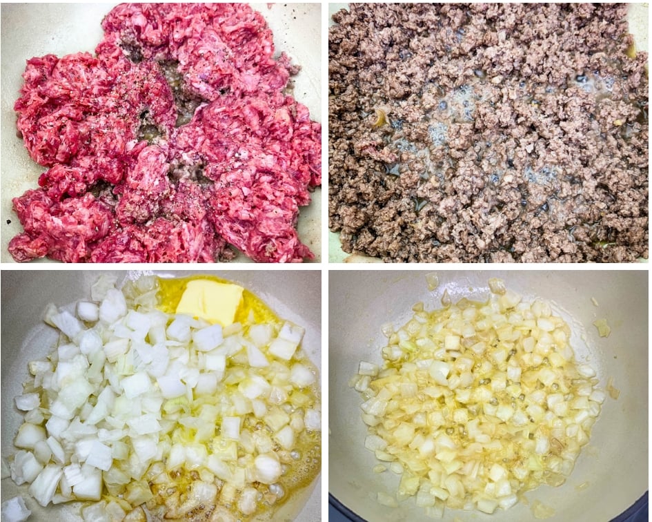 collage photo of raw ground beef, cooked ground beef, and sauteed onions in butter for keto cheeseburger soup