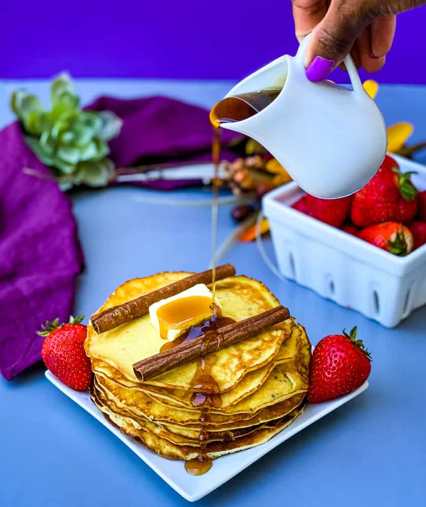 keto low carb pancakes with maple syrup drizzle