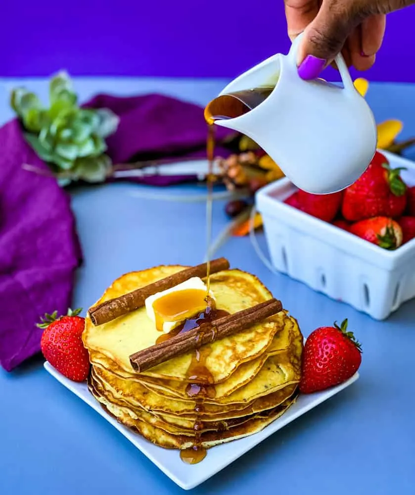 keto low carb pancakes with maple syrup drizzle