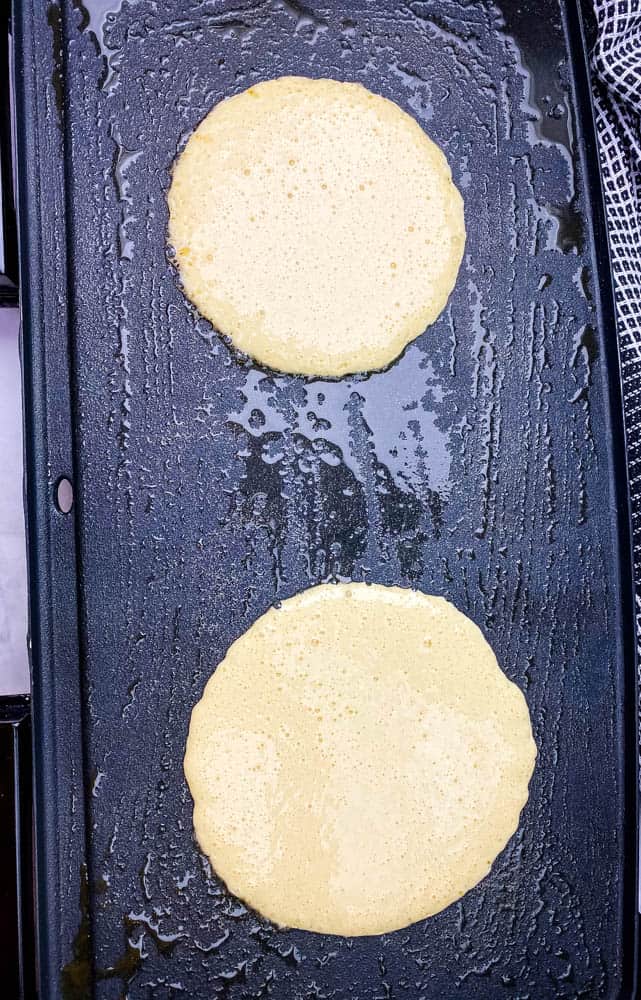 keto low carb pancake mix batter on a griddle