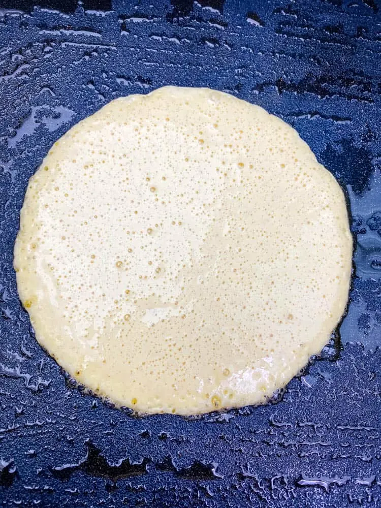 keto low carb pancake mix batter on a griddle