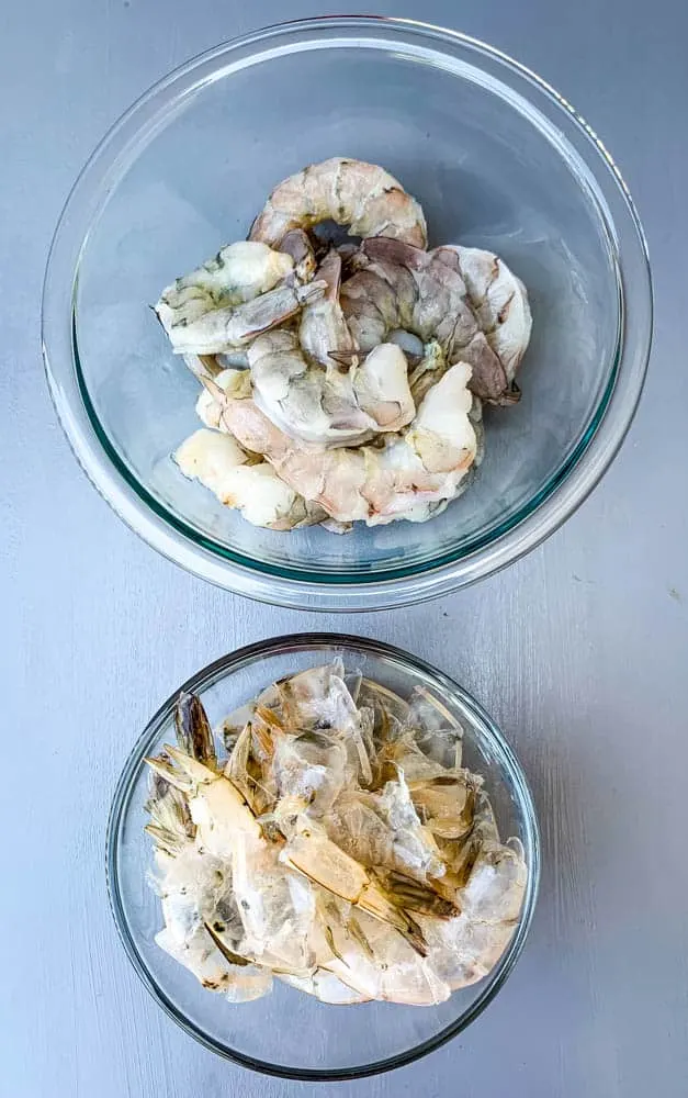 shelled shrimp in a glass bowl for shrimp etouffee
