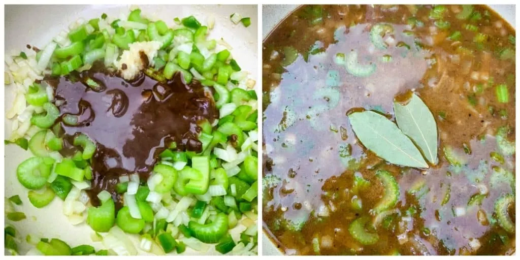 dark brown roux and vegetables for shrimp etouffee