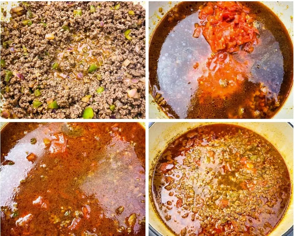 collage photo of ground beef and beef broth in a pot for keto low carb taco soup