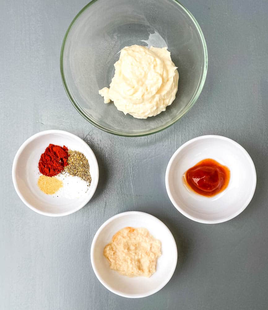 mayo, ketchup, horseradish, and seasoning for air fryer blooming onion dipping sauce