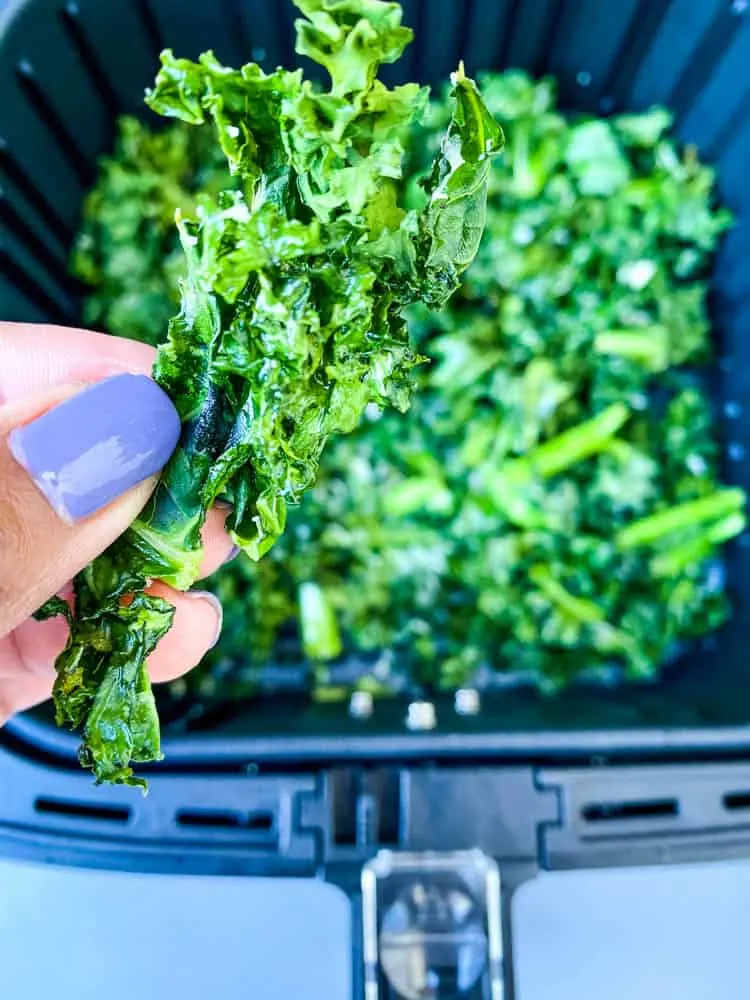 person holding air fryer kale chips