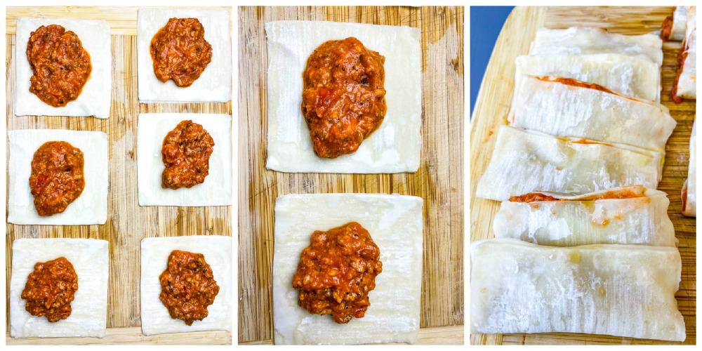 pizza rolls in wonton wrappers on a bamboo cutting board