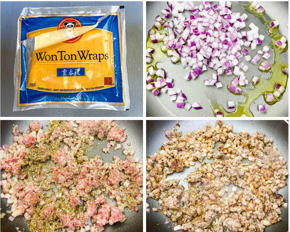 collage photo of wonton wrappers and cooked onions and ground sausage for air fryer pizza rolls recipe
