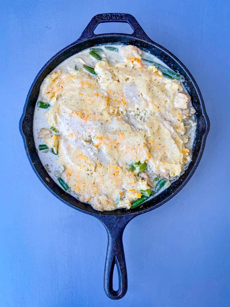 uncooked keto low carb chicken pot pie in a cast iron skillet