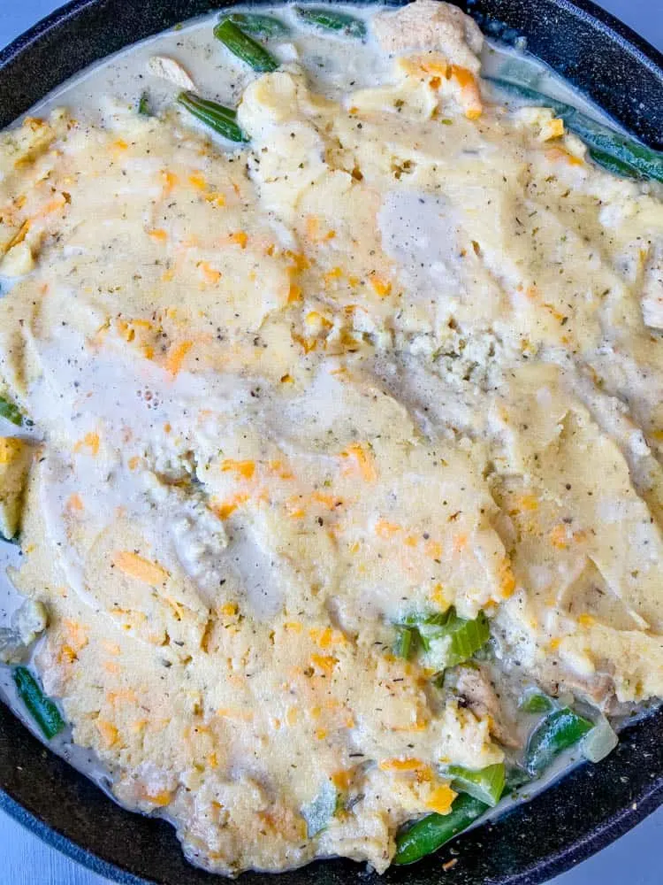 keto low carb chicken pot pie in a cast iron skillet