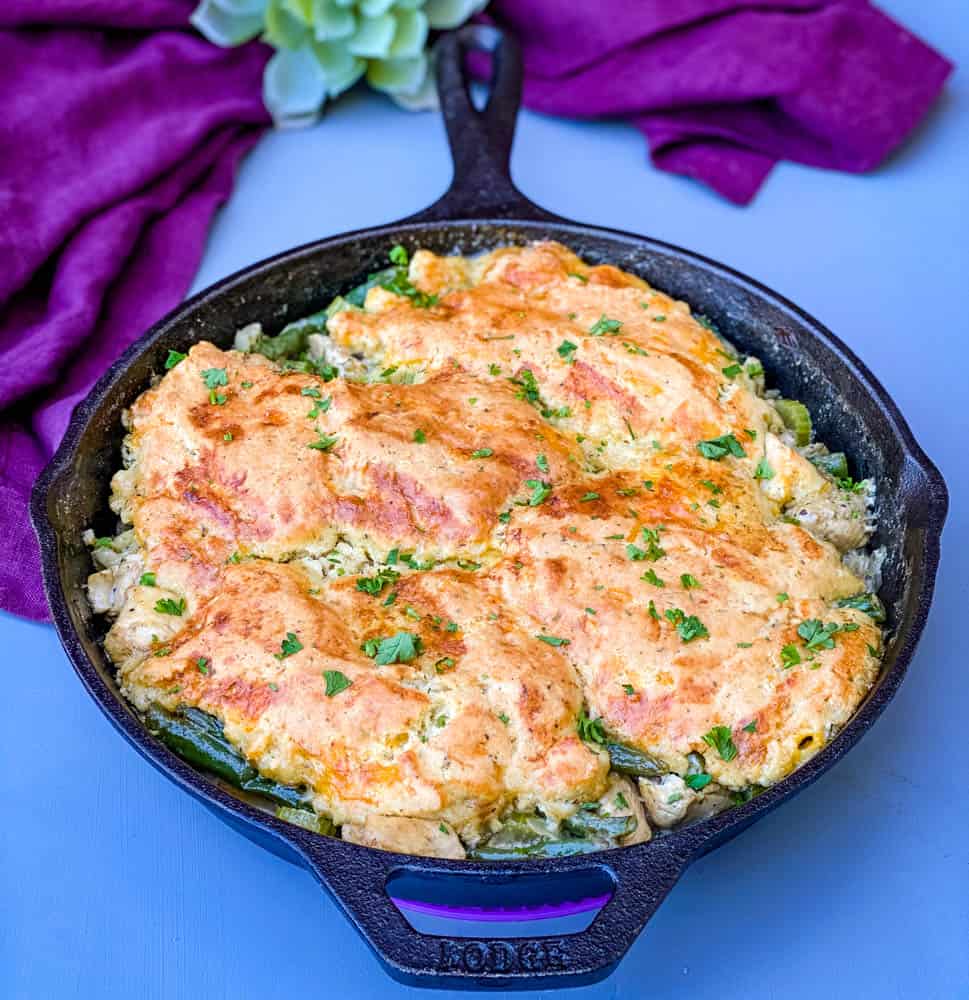 keto low carb chicken pot pie in a cast iron skillet