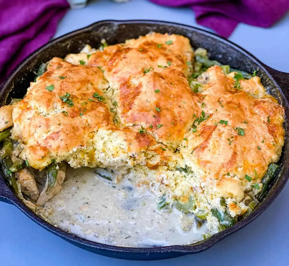 keto low carb chicken pot pie in a cast iron skillet