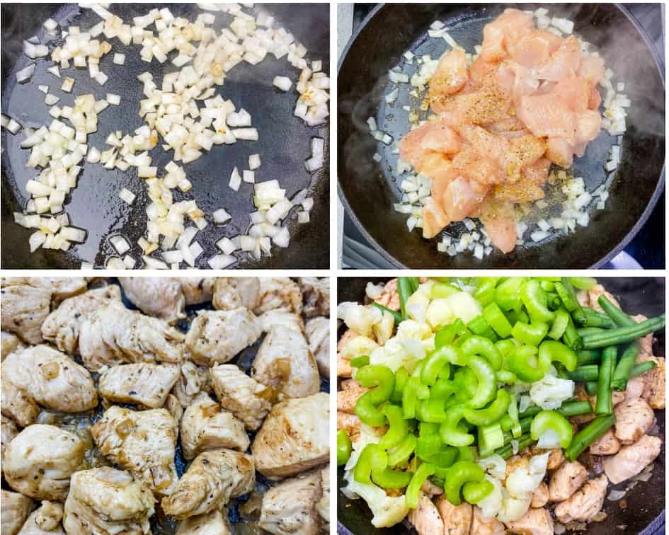 collage photo of chopped onions and cubed chicken breast in a cast iron skillet