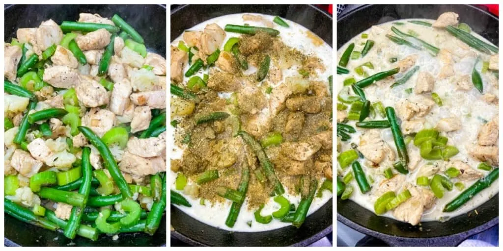 keto low carb chicken pot filling cooking in a cast iron skillet