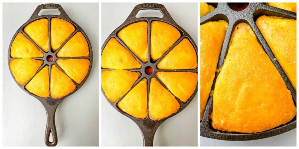 keto low carb cornbread in a cast iron wedge pan skillet