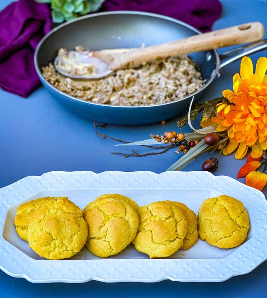 keto low carb biscuits and gravy on a white plate