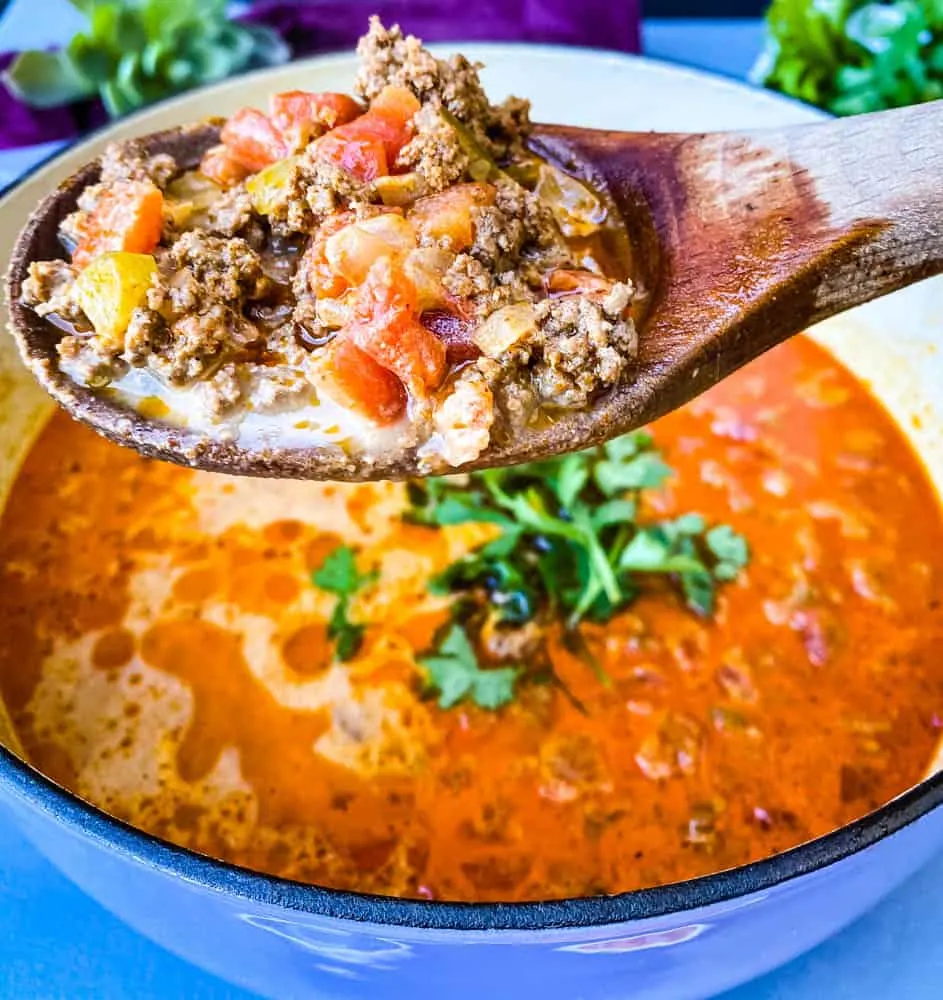 a wooden spoon full of keto low carb taco soup