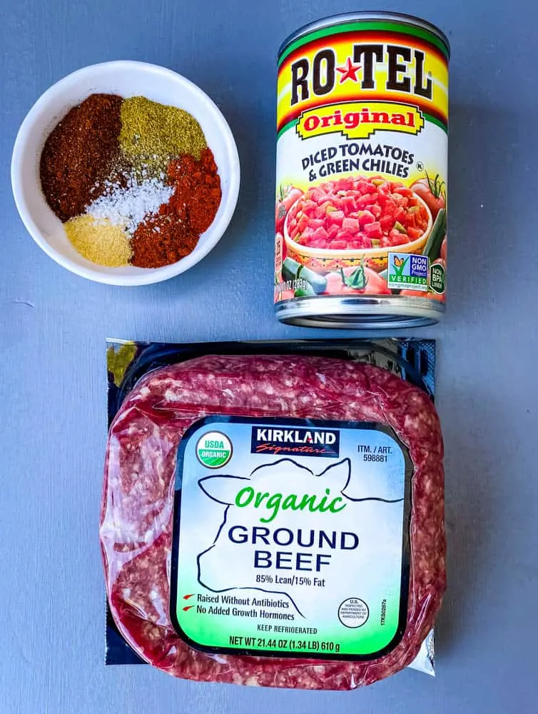ground beef, rotel, and homemade taco seasoning for keto low carb taco soup