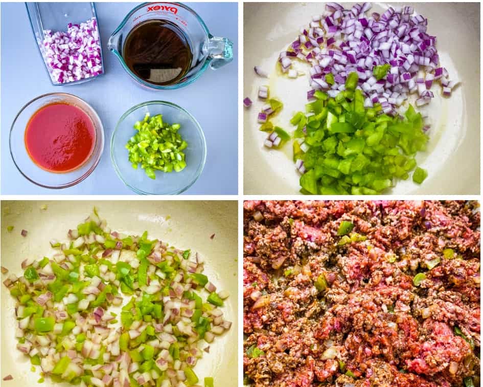 collage photo of chopped onions, green peppers, and ground beef cooking in a pot for keto low carb taco soup