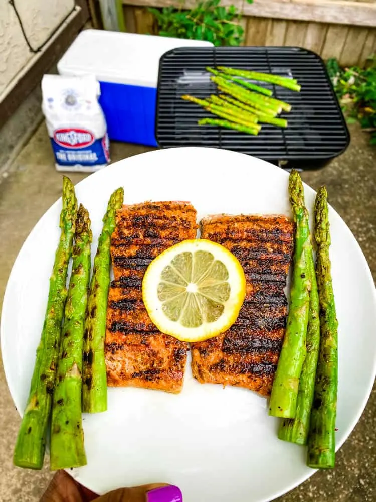 keto bbq grilled salmon and asparagus on a white plate