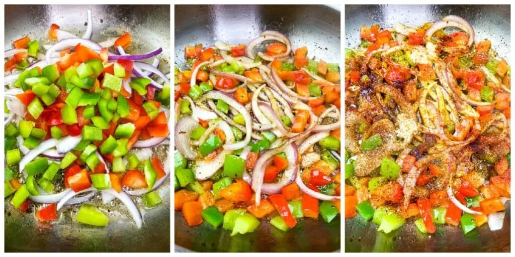 collage photo of 3 process shot photos of onions, red and green peppers sauteed in a pan for southern fried cabbage