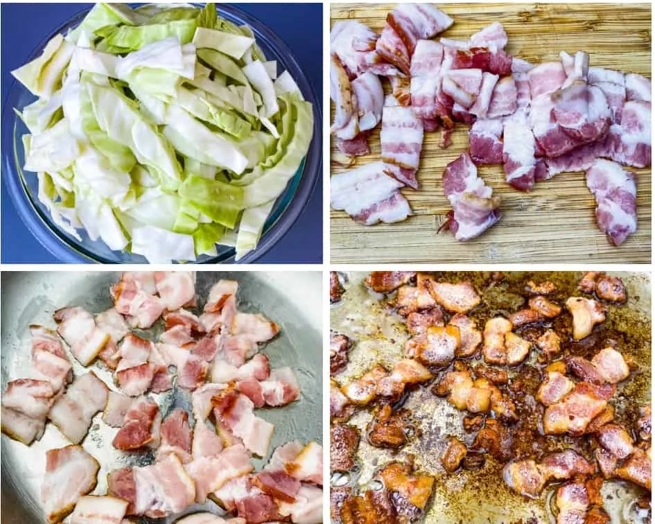 collage photo of 4 process shot photos of sliced cabbage and sliced bacon for southern fried cabbage