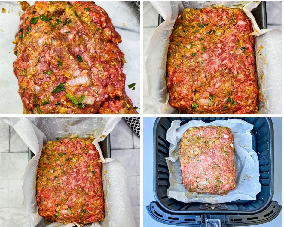 air fryer meatloaf raw in a loaf pan