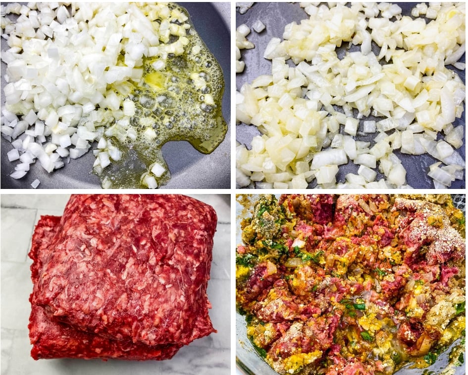 onions, butter, ground beef in a glass bowl for air fryer meatloaf