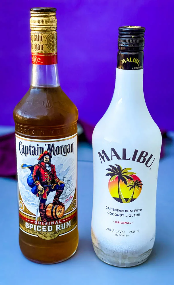 Captain Morgan and Malibu rum for bahama mama cocktails