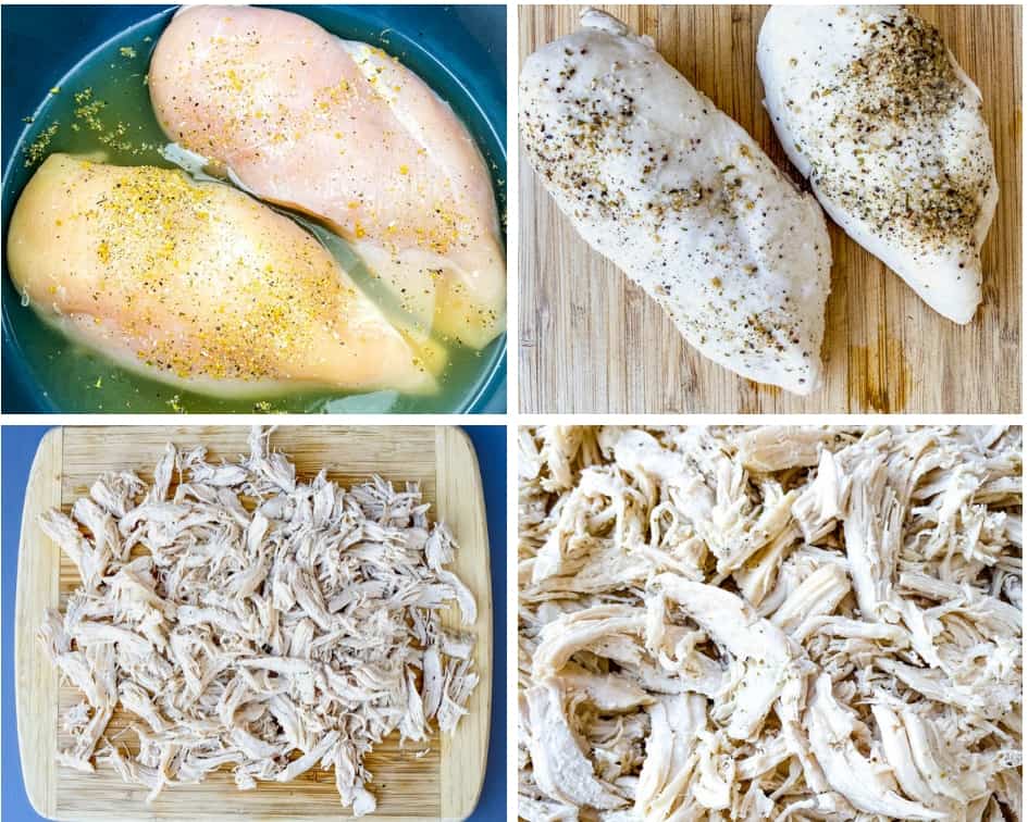 chicken in an Instant Pot and shredded chicken on a cutting board for buffalo chicken soup