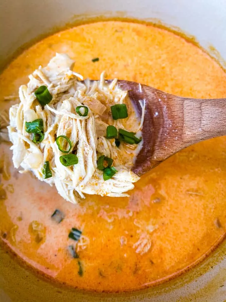a wooden spoon filled with buffalo chicken soup
