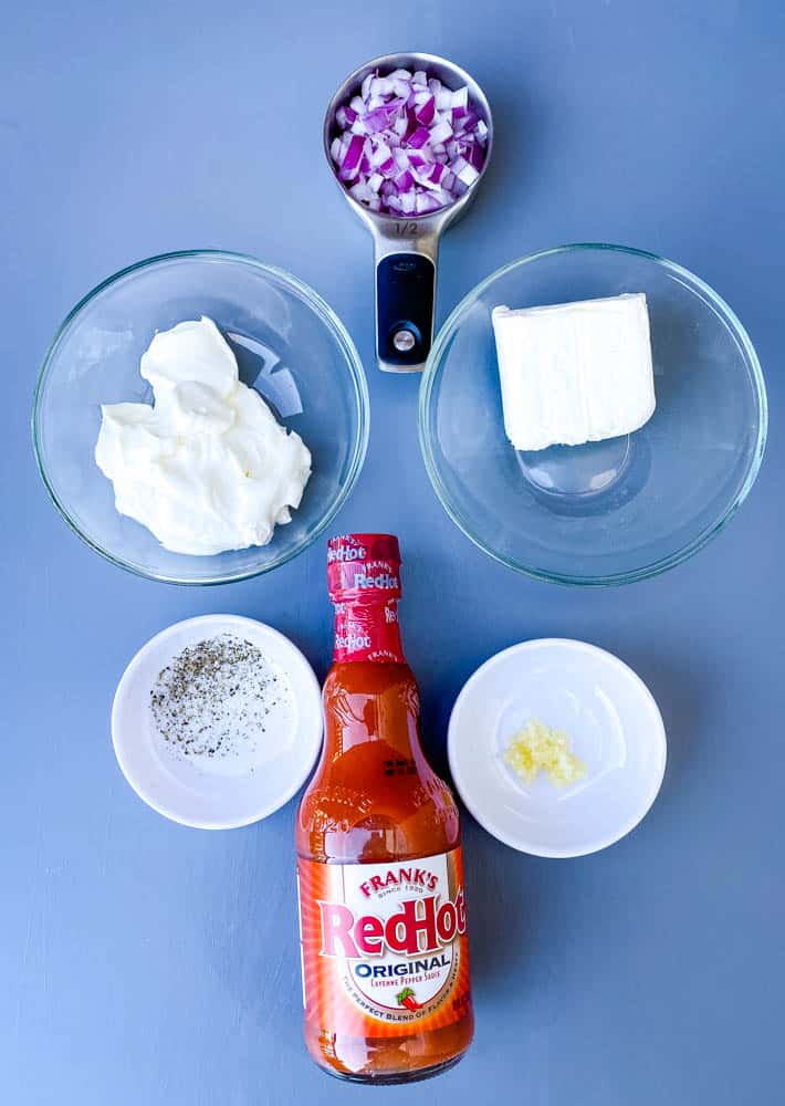 chopped onions, cream cheese, Greek yogurt, garlic, and Frank's Red Hots Buffalo sauce for buffalo chicken soup