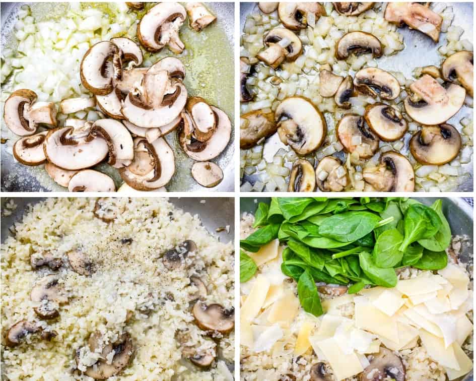 collage photo of 4 photos chopped onions and mushrooms sauteed in a pan, riced cauliflower in a pan with spinach