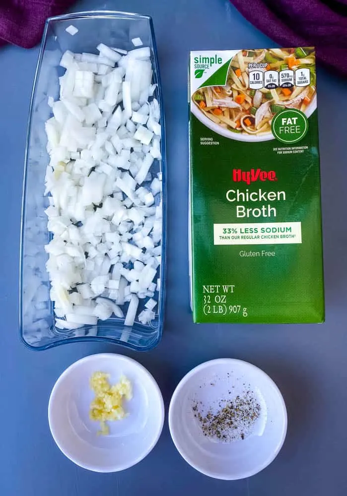 chopped onions, chicken broth, garlic, salt and pepper for keto low carb cauliflower soup