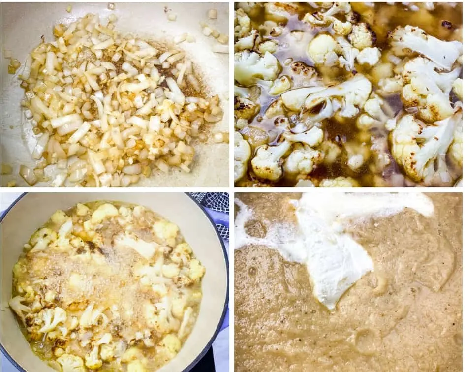 collage photo of keto low carb cauliflower soup in process in a Dutch oven
