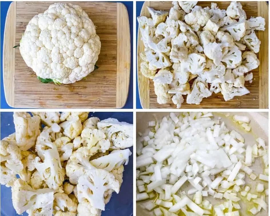 collage photo of 4 photos of chopped cauliflower for keto low carb cauliflower soup