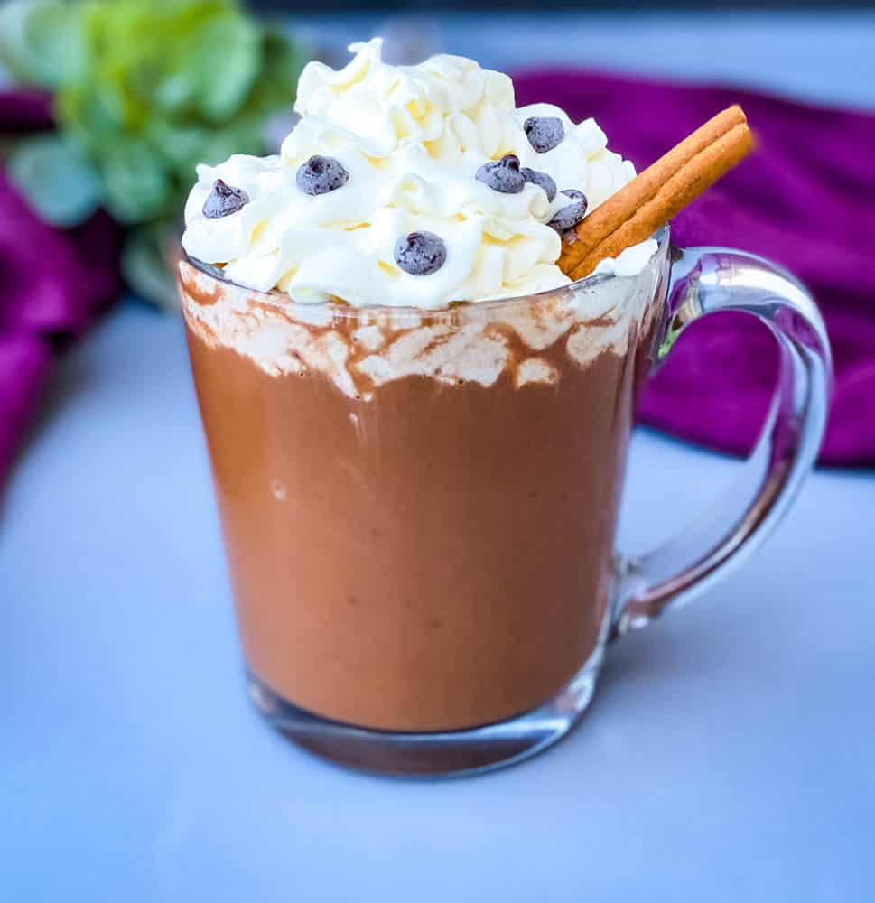 keto low carb hot chocolate in a glass mug with whipped cream and cinnamon and chocolate chips