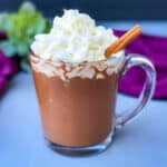 keto low carb hot chocolate in a glass mug with whipped cream and cinnamon