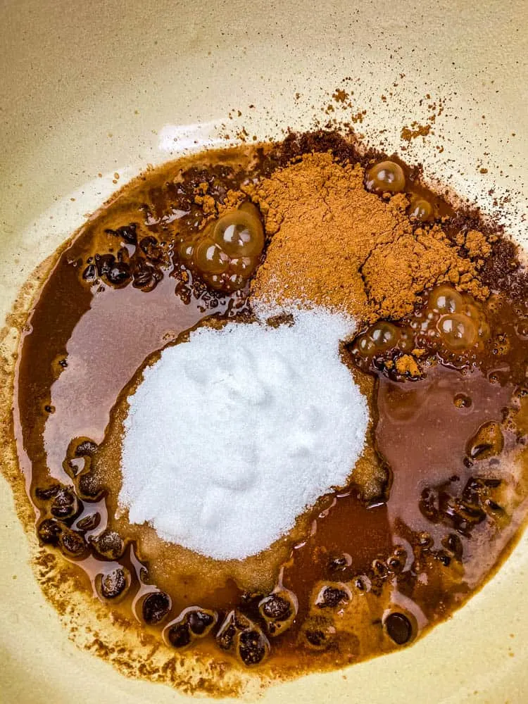 melted chocolate for keto low carb hot chocolate in a Dutch oven